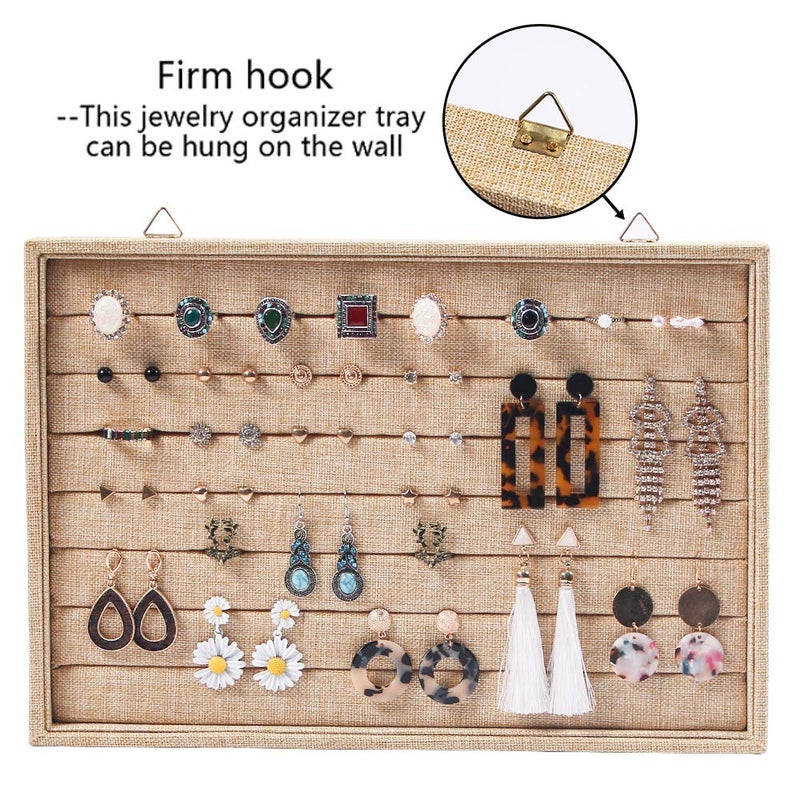 Coward Wall Mount Earring Holder Organizer,Ring Jewelry Tray for Drawer Stud Earring Storage Box(light yellow linen) - Image 3